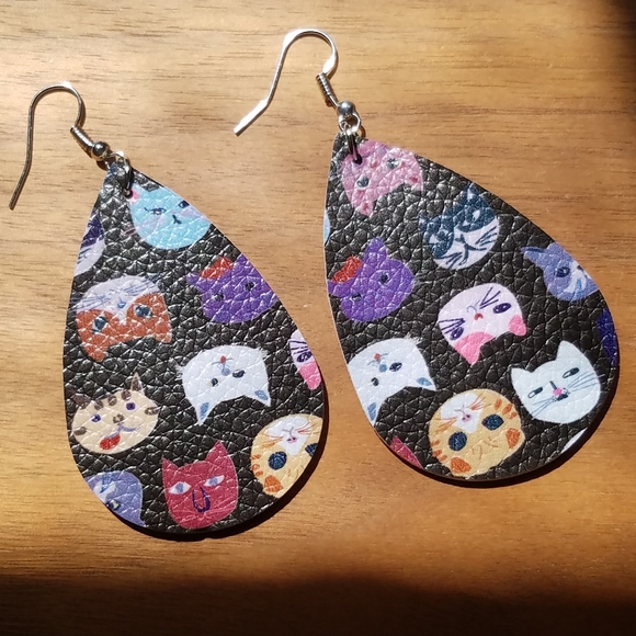 Cat Print Leather Drop Earrings - Picture 1 of 5